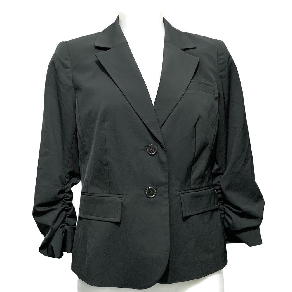 Faith & Zoe Dark Charcoal Gray Ruched Sleeve Career Blazer SZ 4